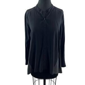 EILEEN FISHER Black Gray Top Silk Long Sleeve Band Collar Button-Up Size Small S